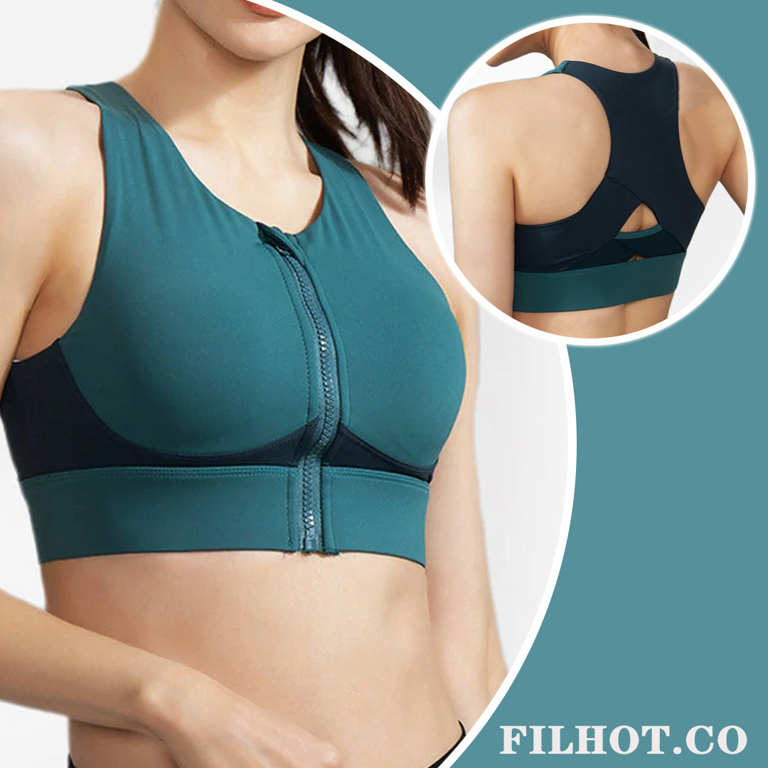 Filhot™ Wide Shoulder Strap Front Zipper Color Sports Bra Up To 5XL