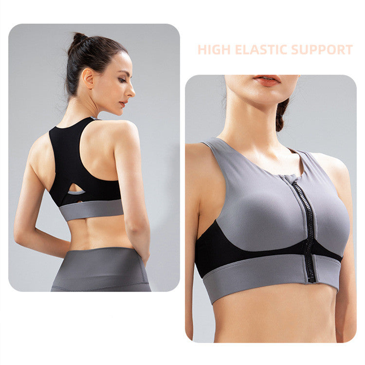 Filhot™ Wide Shoulder Strap Front Zipper Color Sports Bra Up To 5XL