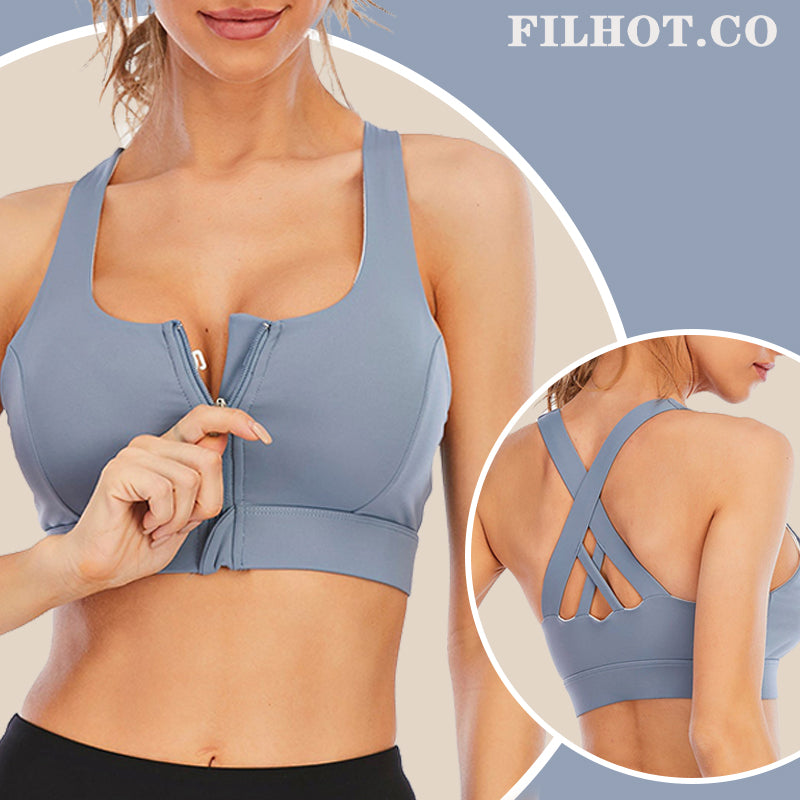 Filhot™ Cross Back Wirefree Sports Bra With Zipper Up to 2XL