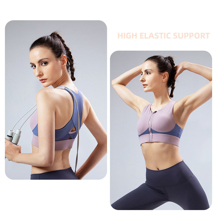 Filhot™ Wide Shoulder Strap Front Zipper Color Sports Bra Up To 5XL