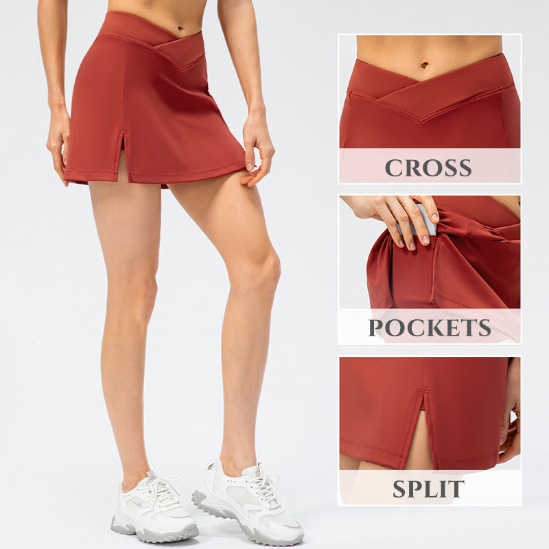 Filhot™ Athletic Split Hem Pleated Skirts With Shorts Pockets