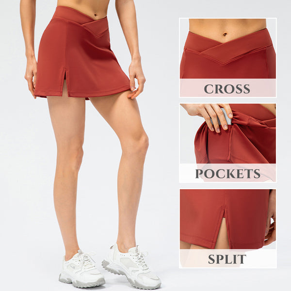 Filhot™ Athletic Split Hem Pleated Skirts With Shorts Pockets