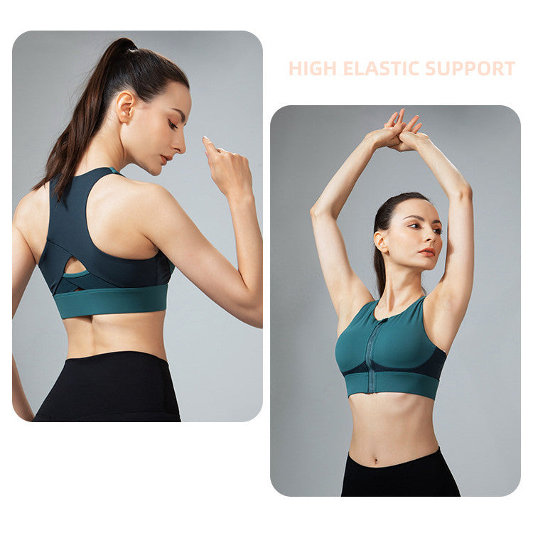 Filhot™ Wide Shoulder Strap Front Zipper Color Sports Bra Up To 5XL