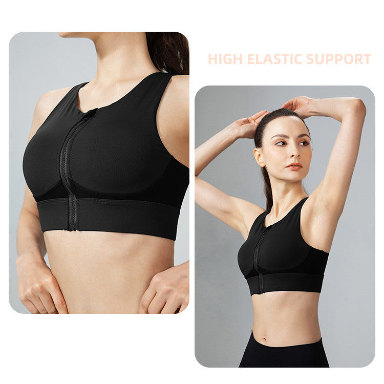 Filhot™ Wide Shoulder Strap Front Zipper Color Sports Bra Up To 5XL