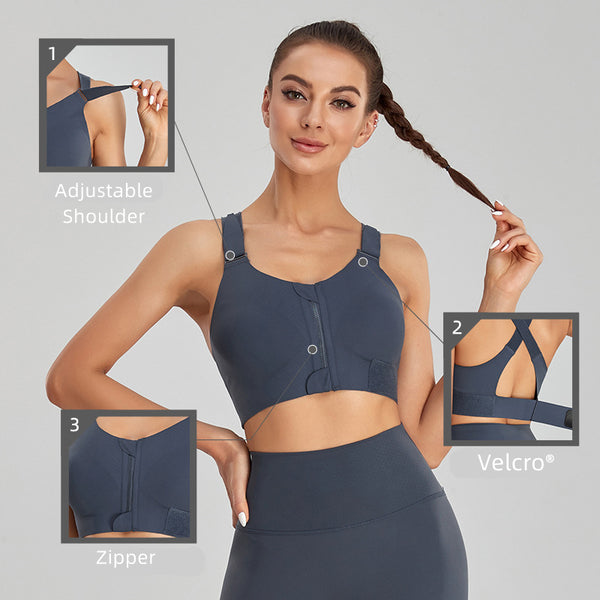 Filhot™  Velcro® Front Zipper Cross Back Sports Bra Up to 5XL